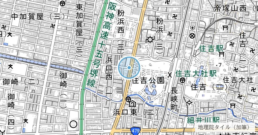 住吉高燈籠（かつての海岸線を示す灯台跡）の位置を示す地図