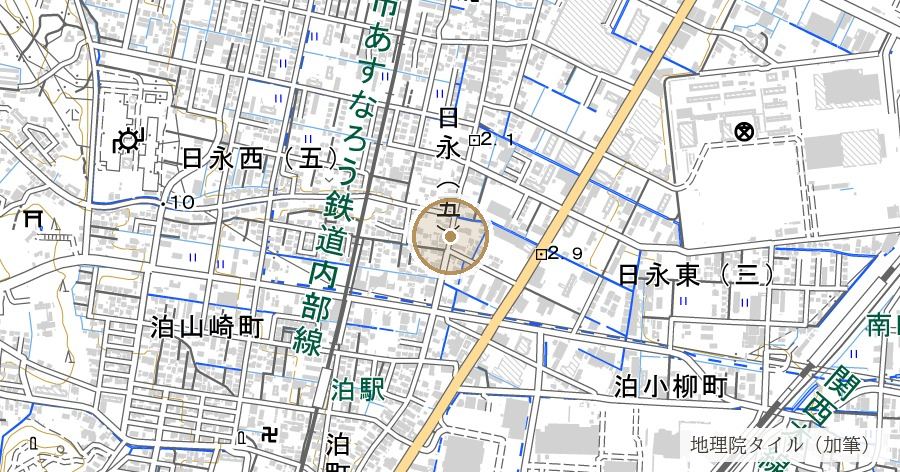 東海道名残りの一本松(日永の縄手跡)の位置を示す地図