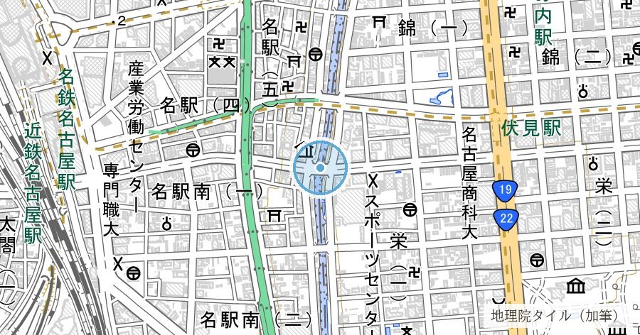 堀川（名古屋城築城とともに開削された運河）の位置を示す地図