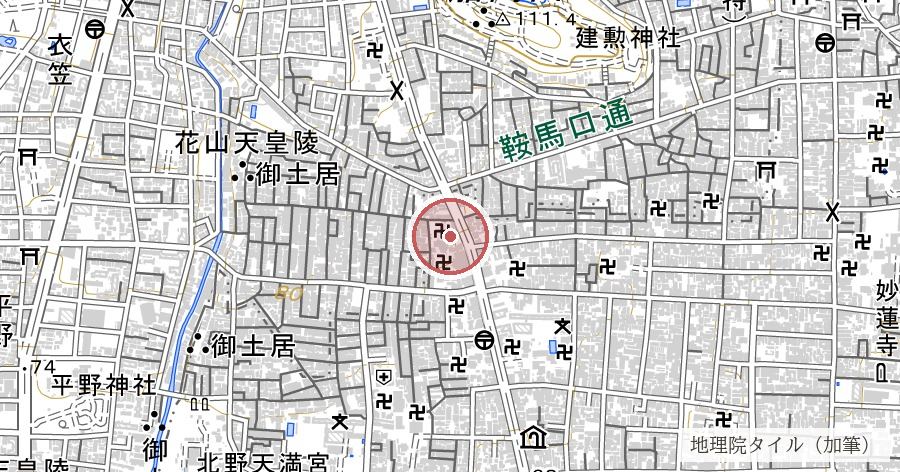 蓮台野（平安京の葬送地・千本ゑんま堂）の位置を示す地図