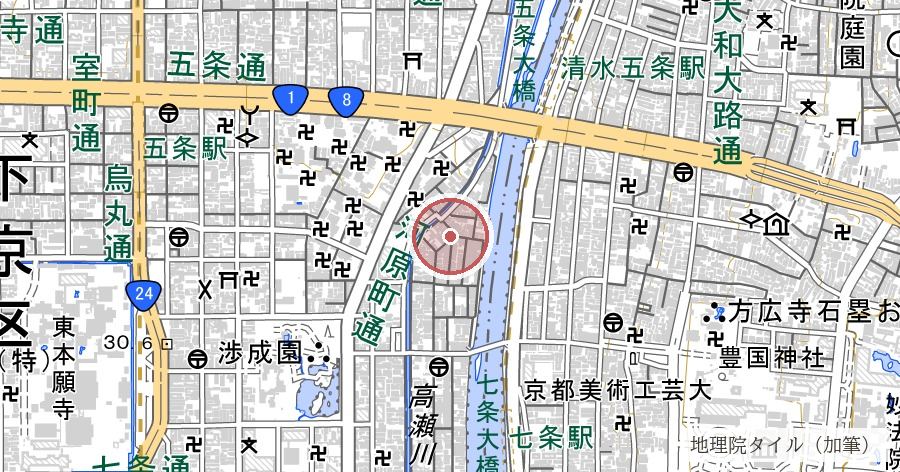 六条河原（処刑・晒しの場とされた鴨川の河原）の位置を示す地図