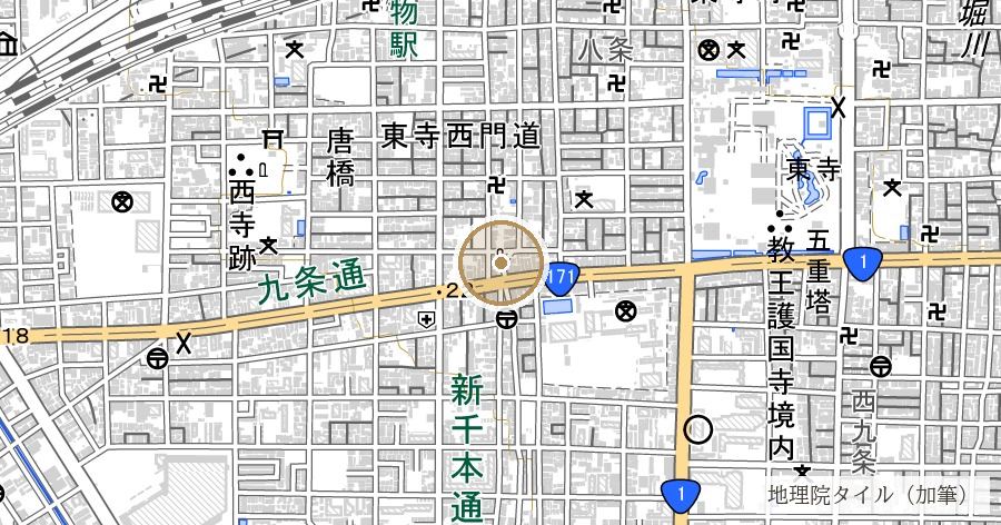 羅城門跡（平安京の正門・今は児童公園の石碑だけが残る）の位置を示す地図