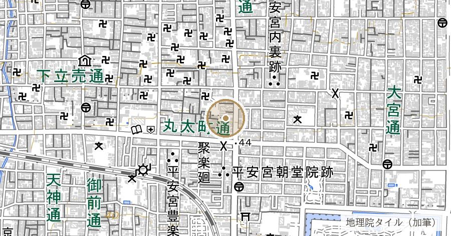 平安宮 大極殿跡（千本丸太町・内野児童公園の大極殿遺址碑）の位置を示す地図