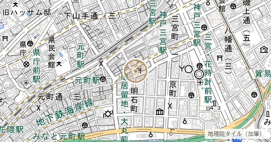 三宮神社と生田裔神八社(「三宮」という地名の由来と伝わる社)の位置を示す地図