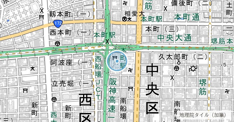 西横堀川跡(阪神高速環状線下)の位置を示す地図