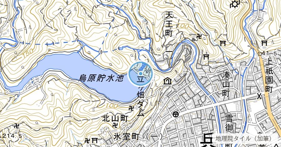 烏原貯水池と旧烏原村の石臼（立ヶ畑堰堤）の位置を示す地図