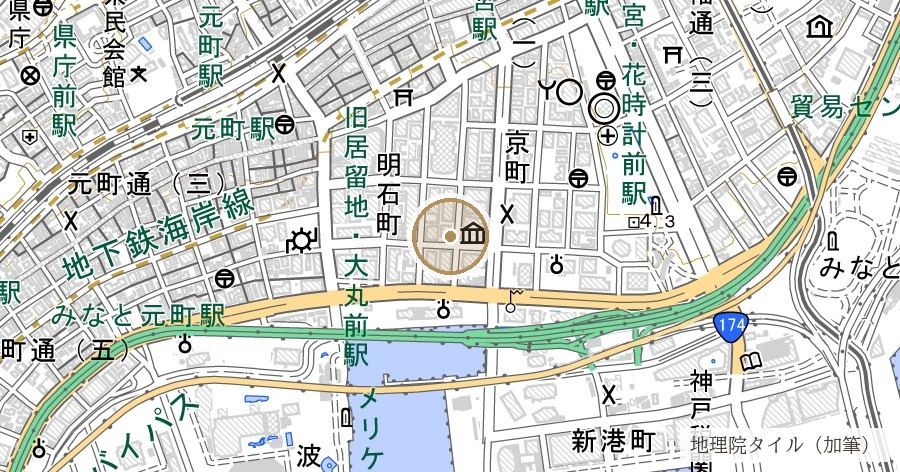 神戸外国人居留地跡（旧居留地煉瓦造下水道と十五番館）の位置を示す地図