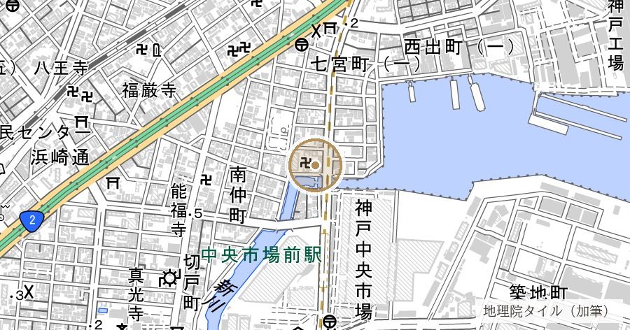 経が島（平清盛が大輪田泊に築いたと伝わる人工島の推定地）の位置を示す地図