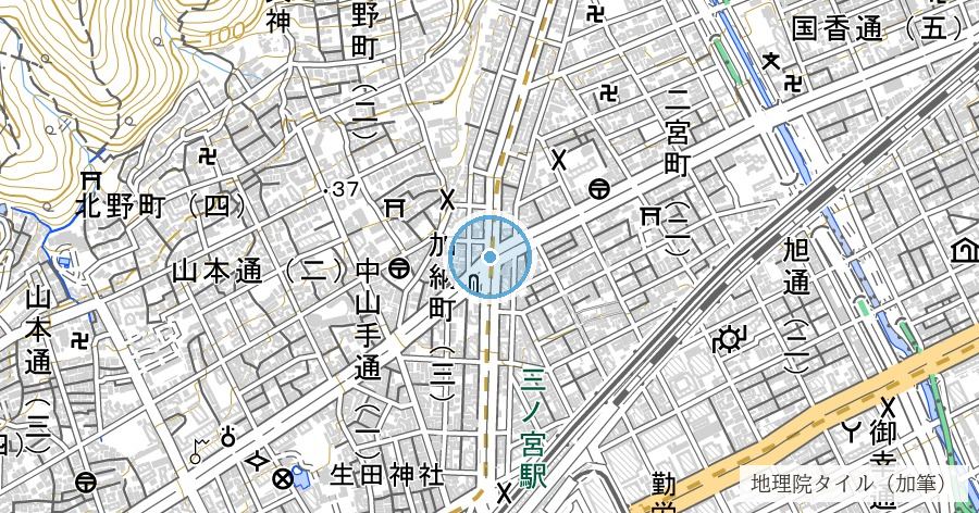 旧生田川の付け替え跡(フラワーロードと加納町の由来)の位置を示す地図