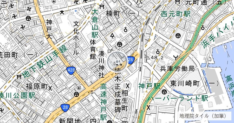 湊川の戦いの古戦場と楠木正成墓碑（湊川神社）の位置を示す地図