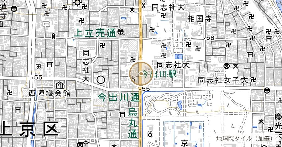 薩摩藩邸跡(二本松屋敷・同志社大学西門前の石標)の位置を示す地図