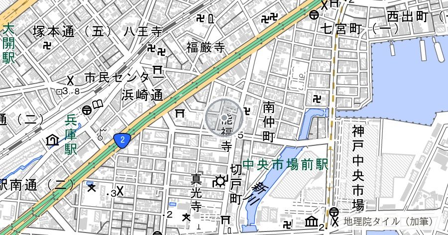 兵庫大仏と金属供出の痕跡(能福寺)の位置を示す地図