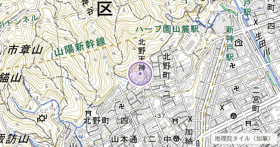 北野天満神社（福原京の鬼門鎮護と伝わる社）の位置を示す地図