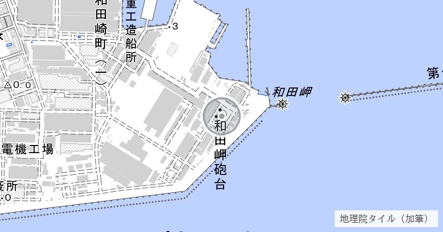 和田岬砲台(造船所の中に残る幕末の海防砲台)の位置を示す地図