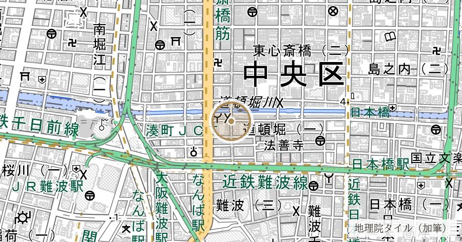 道頓堀川（1615年完成の運河）の位置を示す地図