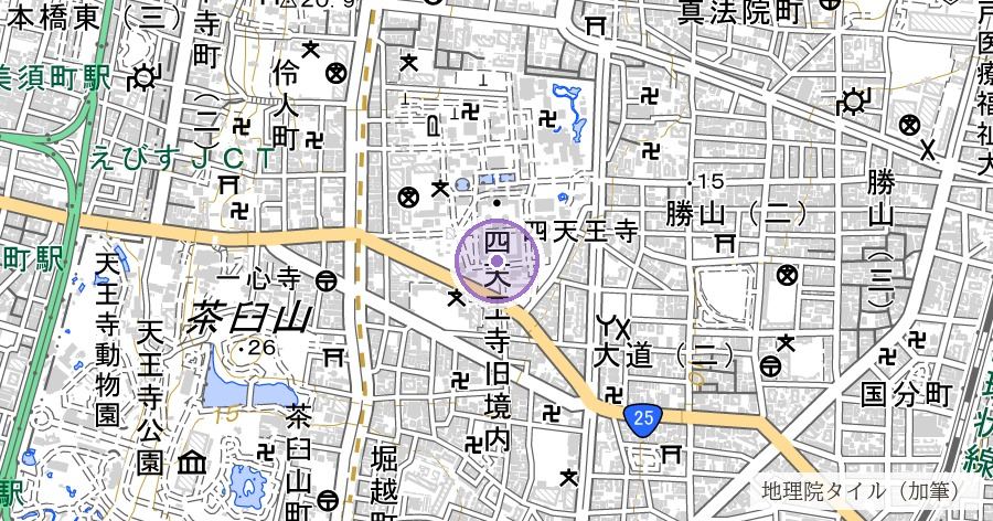四天王寺(上町台地・聖徳太子建立と伝わる寺)の位置を示す地図