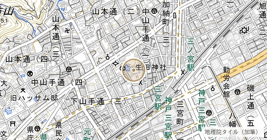 生田神社と生田の森(神戸という市名の由来)の位置を示す地図
