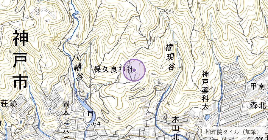 保久良神社と灘の一つ火の位置を示す地図