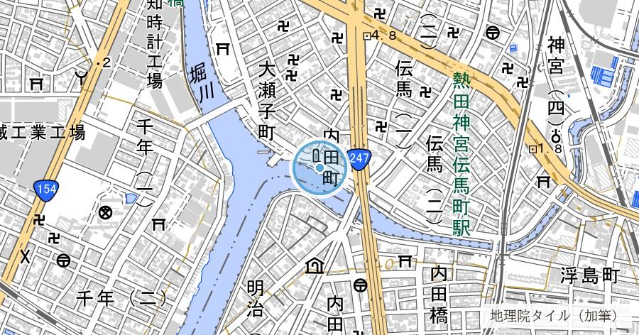 七里の渡し跡(宮の渡し公園・東海道唯一の海路の発着地)の位置を示す地図