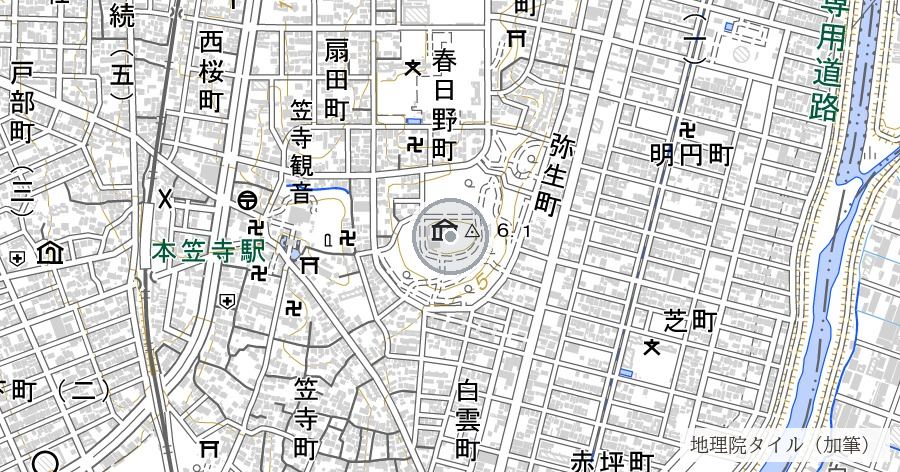 見晴台遺跡（弥生の環濠集落跡と高射砲陣地の跡）の位置を示す地図