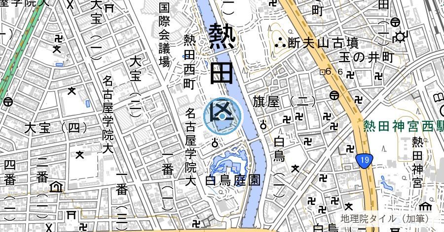 白鳥貯木場跡（太夫堀と、斜めに走る道になった貨物線）の位置を示す地図