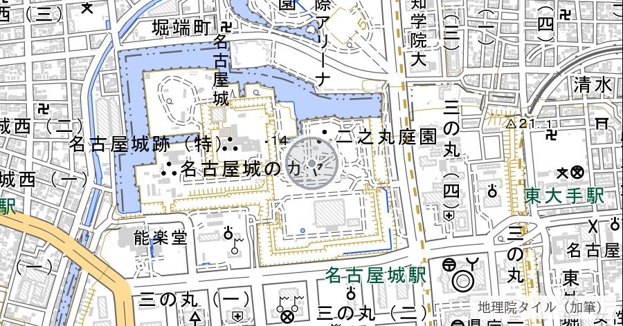 那古野城跡（名古屋城より前に、ここにあった城）の位置を示す地図