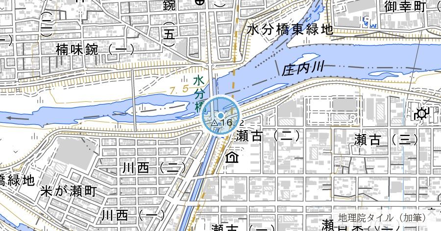 庄内用水元杁樋門(庄内川からの取水口)の位置を示す地図