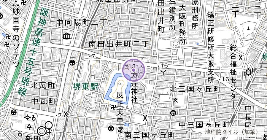 方違神社(三国の境と「堺」の地名)の位置を示す地図