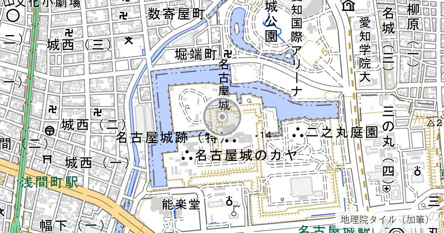 名古屋城の初代金鯱(空襲で溶けた雄と、降ろされていた雌)の位置を示す地図