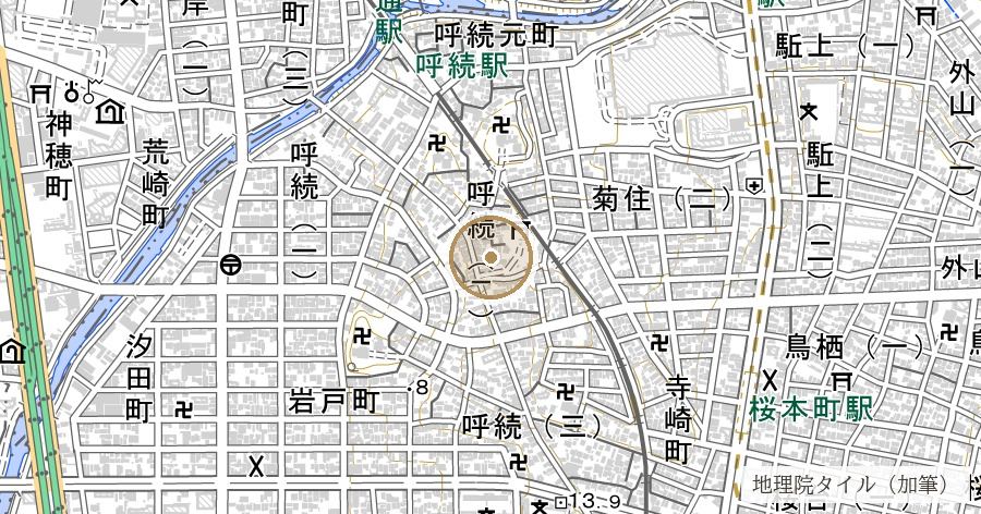 「松巨嶋」と刻まれた手洗鉢（熊野三社・呼続）の位置を示す地図