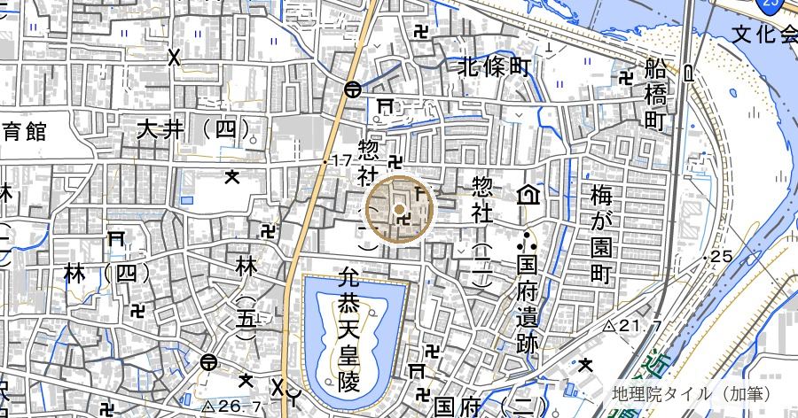 「惣社」の地名と志貴縣主神社（河内国総社）の位置を示す地図