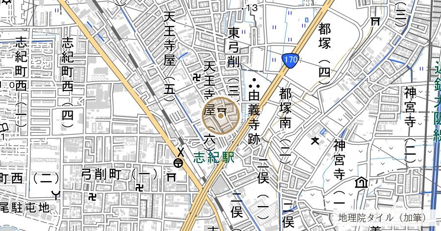 「弓削」の地名と弓削神社二座（物部氏一族・弓削氏の本拠）の位置を示す地図