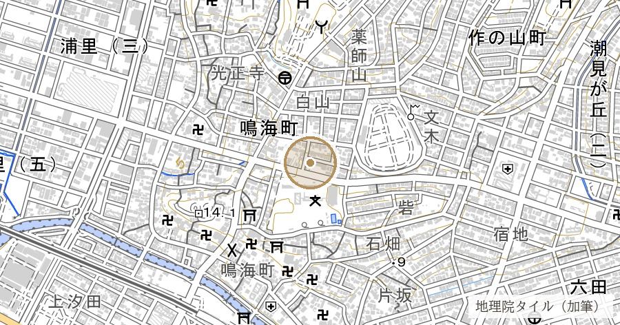 雷貝塚（土器に名を残した、鳴海の貝塚の先駆け）の位置を示す地図