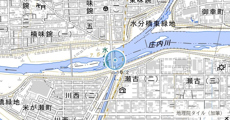 庄内用水頭首工（毎年つくり直されていた仮の堰）の位置を示す地図