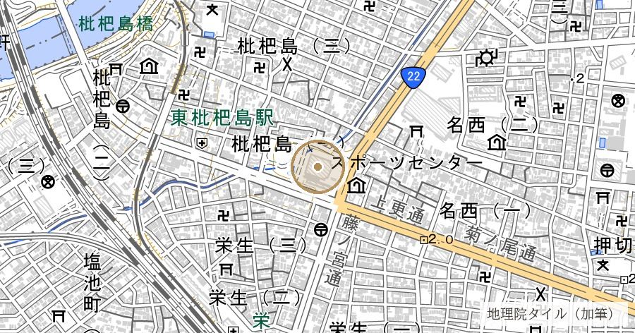 枇杷島青果市場跡（二度動いた市場と、残された広さ）の位置を示す地図