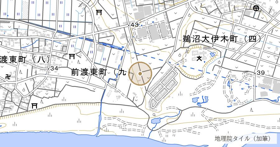 ふな塚古墳（指定を受けないまま市の地図に載る前方後円墳）の位置を示す地図