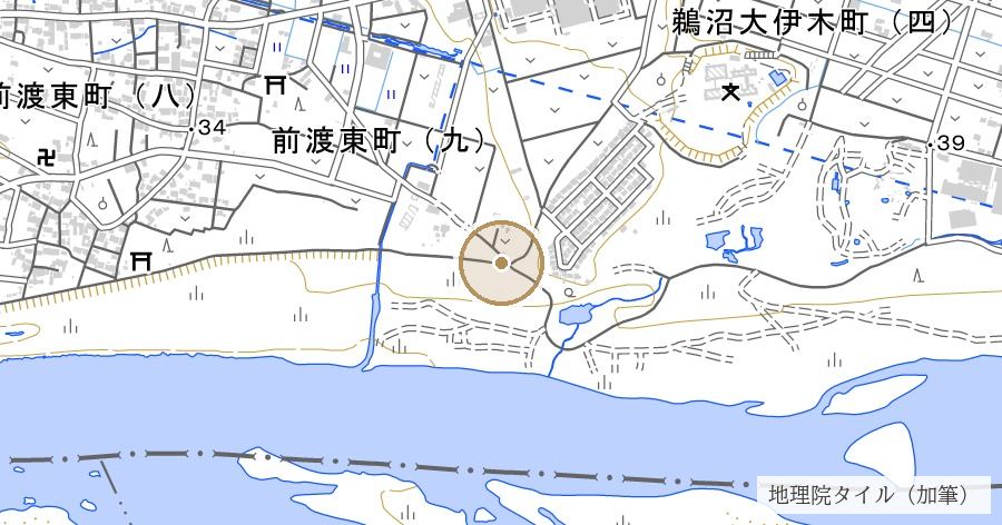 小山湊跡（渡しと舟運の湊、飛行機が陸揚げされた岸）の位置を示す地図