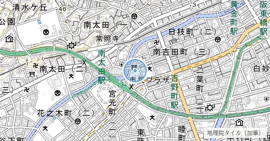 お三の宮日枝神社（入海を釣鐘の形に埋めた吉田新田と、震災で焼け残った本殿）の位置を示す地図