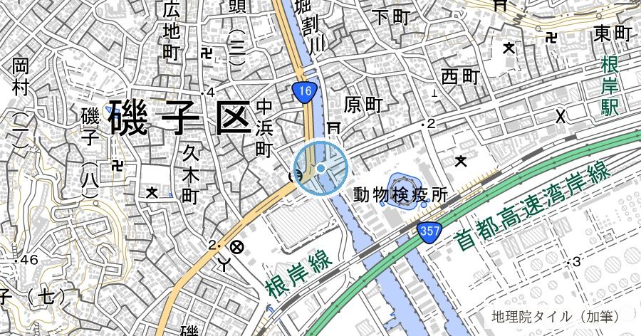 堀割川(明治のはじめに人が掘った、根岸湾へ下る運河)の位置を示す地図