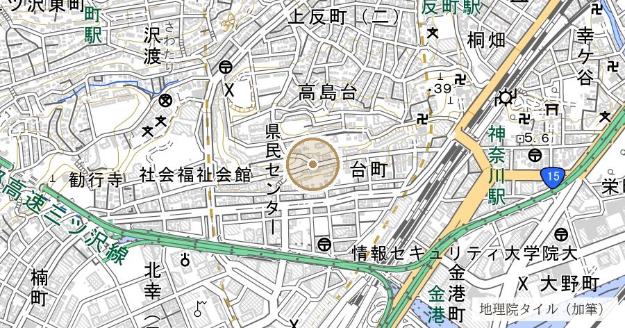 台町の坂（茶屋から海を見おろした神奈川宿の高台）の位置を示す地図