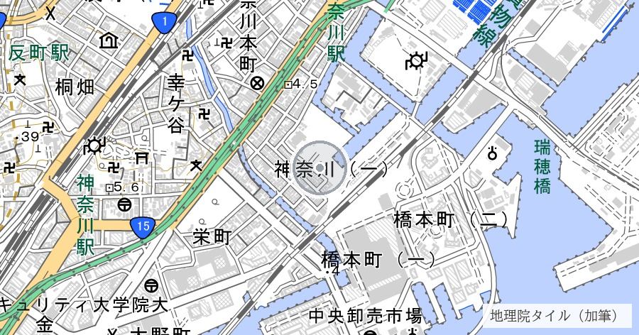 神奈川台場跡（海に突き出た扇形と、鍵を借りて見る石垣）の位置を示す地図