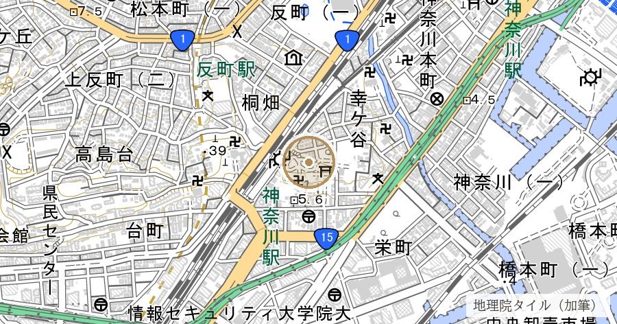 権現山の跡（絵図のなかにだけ高い山がある）の位置を示す地図