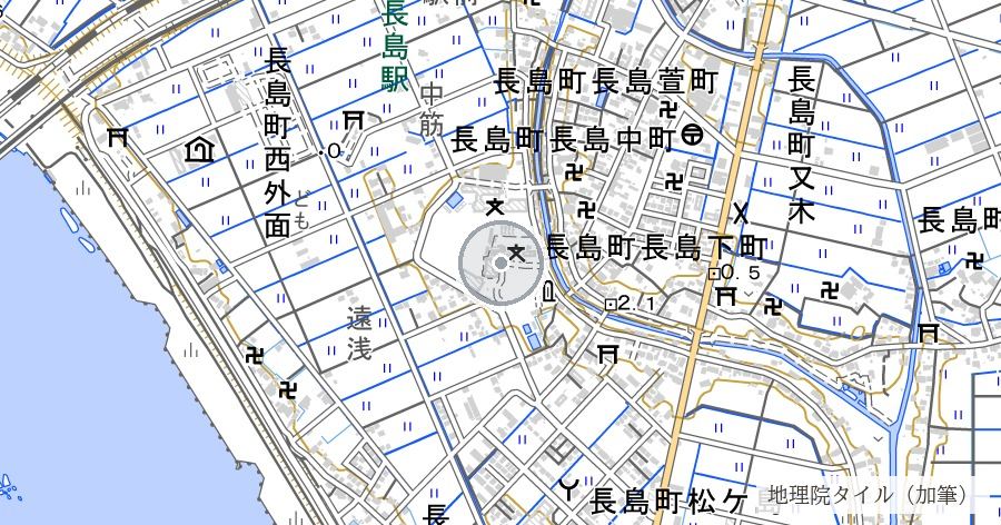 長島城跡（一向一揆の本城と、本丸の西南隅にあった大松）の位置を示す地図