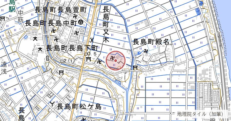 願證寺と長島一向一揆殉教の碑（又木で三度名を替え、明治9年に願証寺を名乗った寺）の位置を示す地図