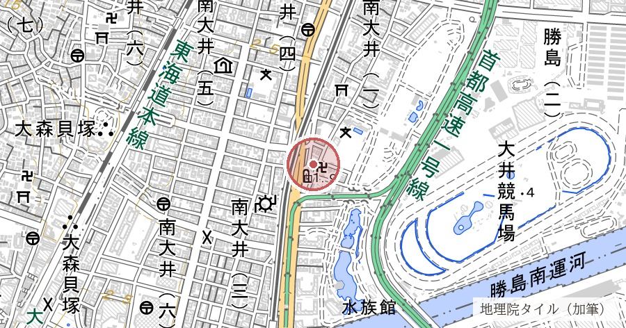 鈴ヶ森刑場跡（東海道に面した刑場と、大経寺に集められた台石・題目供養塔）の位置を示す地図