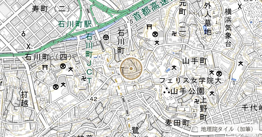 山手隧道（あとから掘られたほうが、第二ではない）の位置を示す地図