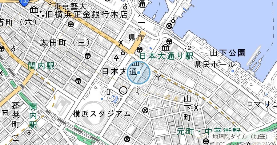 旧居留地消防隊地下貯水槽(日本大通の地下に残る煉瓦の水がめ)の位置を示す地図