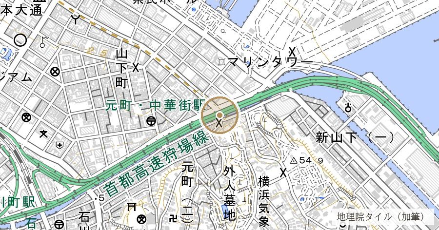 谷戸橋(震災の前と後で、架かる筋が変わった橋)の位置を示す地図