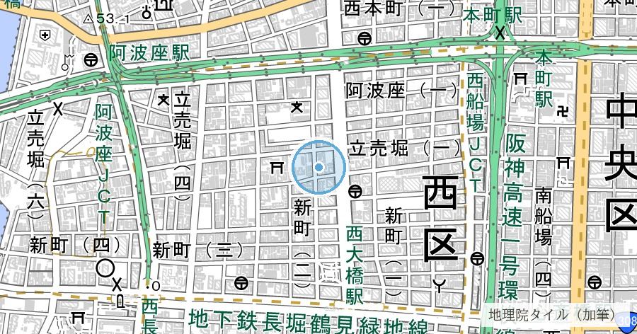 立売堀（いたちぼり）川跡の位置を示す地図