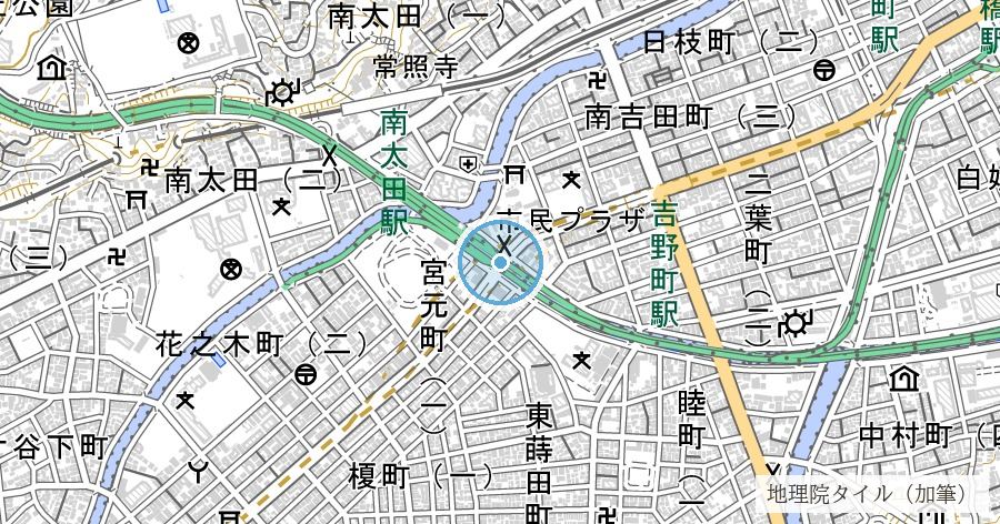 吉野橋（川の埋め立てなどで、同じ型の橋は二つだけになった）の位置を示す地図